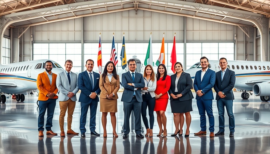 Officials at Bombardier New Service Center Fort Wayne event with aircraft and flags.