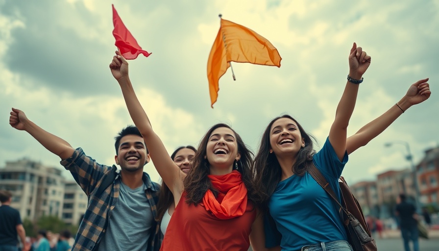 Gaza ceasefire humanitarian aid celebration with flags in urban setting.
