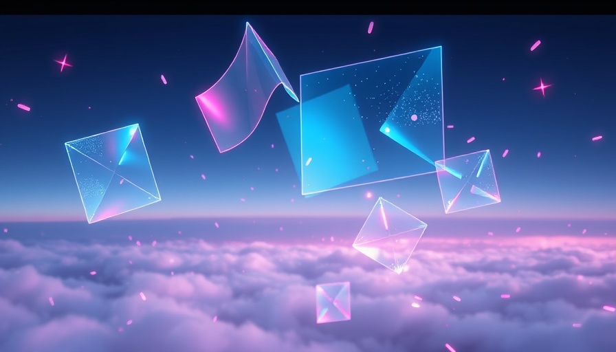 Abstract geometric art with holographic elements; Collab Viewer Template text overlay.