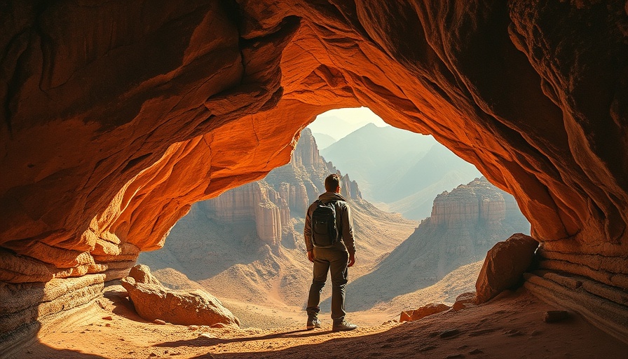Traveler at African rock arch during multi-country safari.