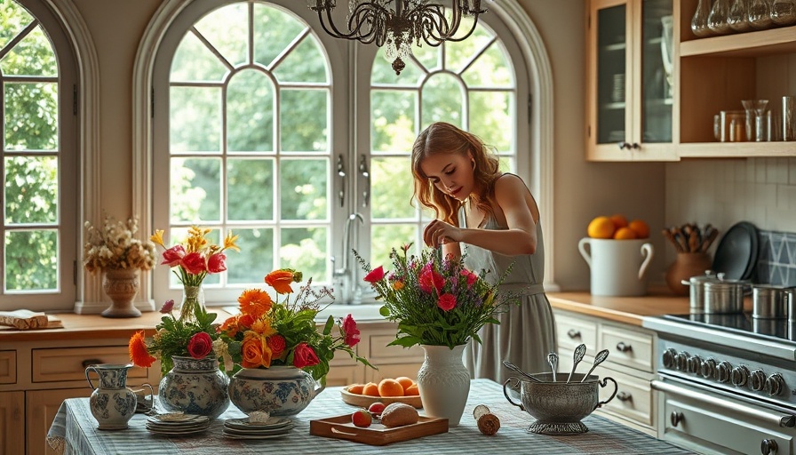 Woman in stylish kitchen arranging flowers, historic renovation Portland real estate.