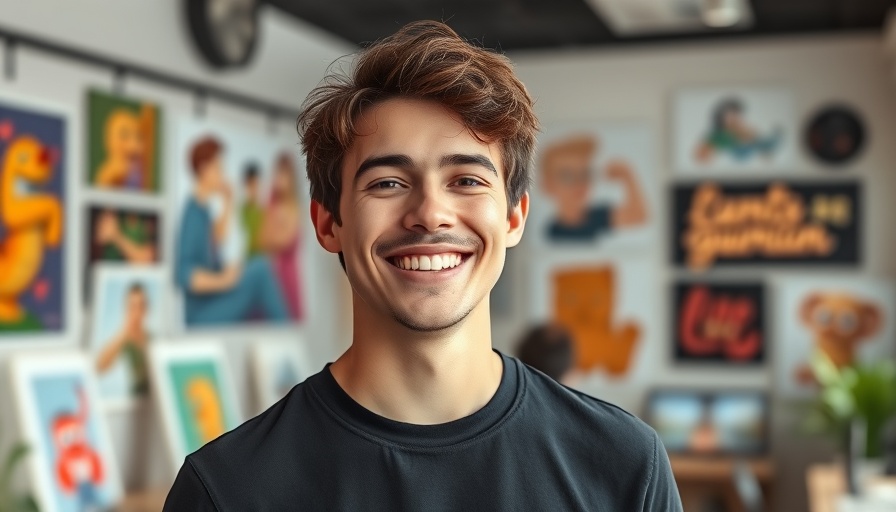 Happy man in art studio with animation art background, African animation trade.