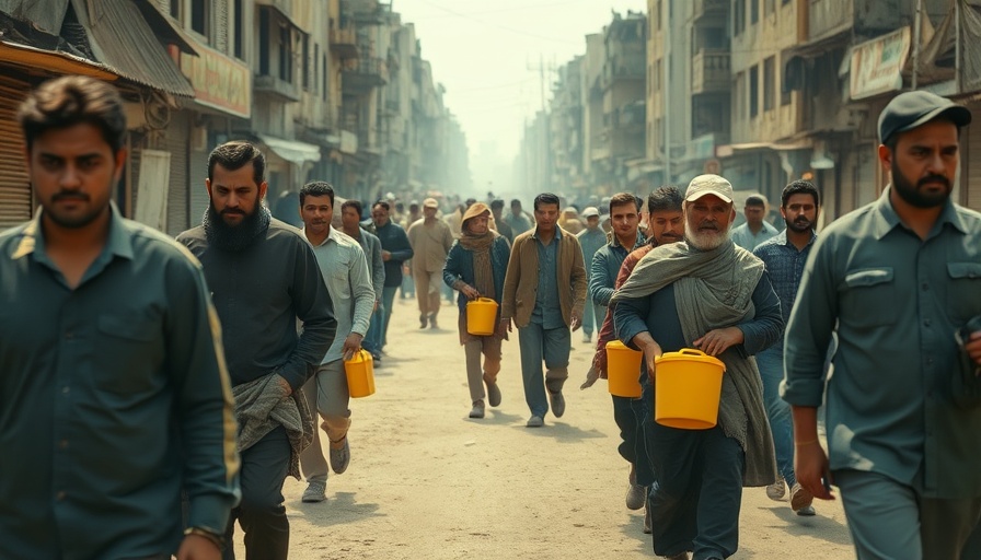 Palestinians walking in Gaza City, carrying containers, returning home.