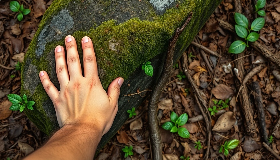 Curious hand lifts mossy rock on forest floor, exploring what's under this rock