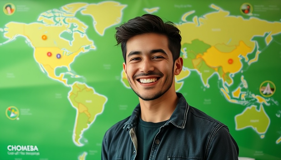 Smiling young man on world map background illustrating career migration.