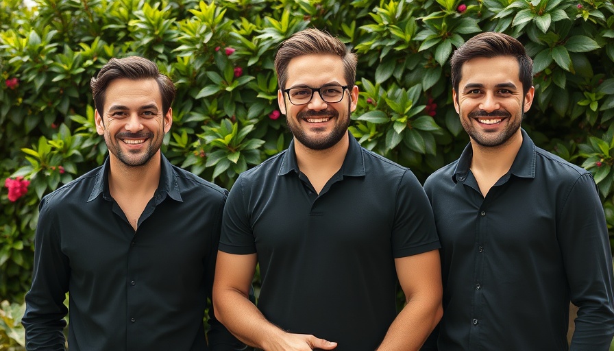 Three smiling men with Raenest shirts and floral backdrop, vibrant setting.