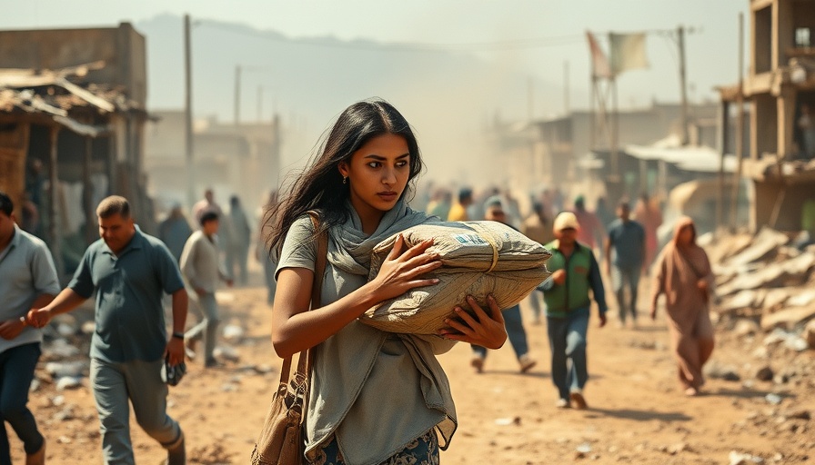 Gaza humanitarian aid transition scene with people carrying supplies.