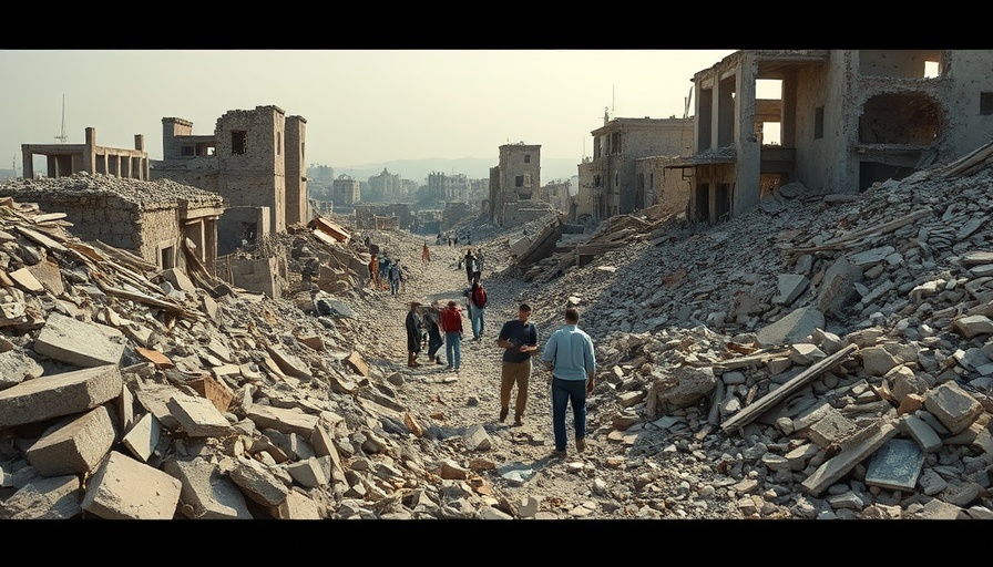 Gaza City destruction impact: people amidst rubble assessing debris.