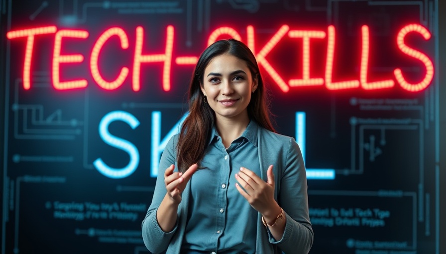 Confident presenter offering tips to learn new technologies faster, with digital writing in background.