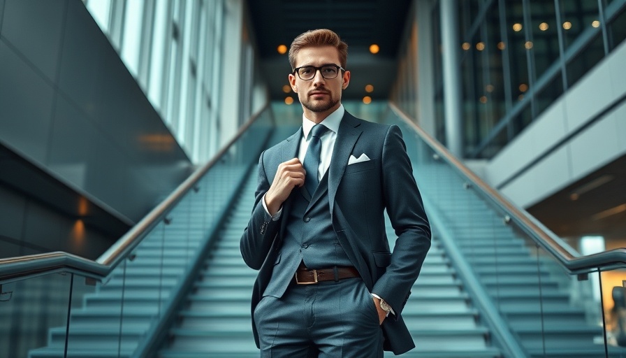 Businessman on modern glass staircase in smart city environment.