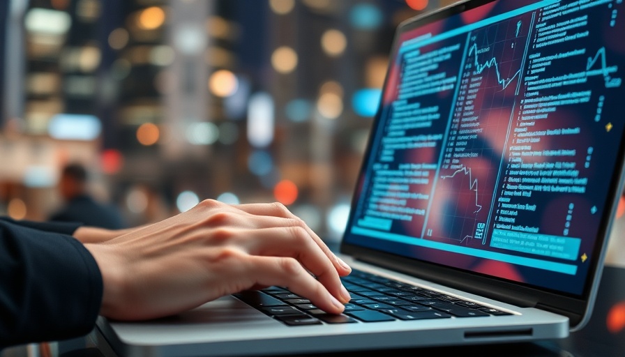 Hands typing on laptop with holographic data display in a tech setting.