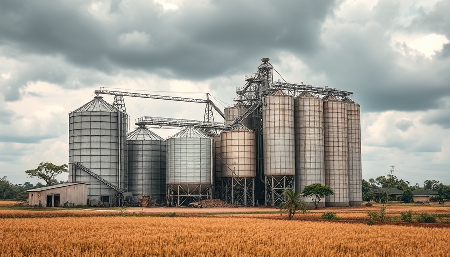 Industrial rice silos in Mozambique rice production setting.