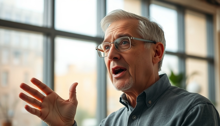 Man speaking indoors about evolution, soft natural light filtering through large windows.