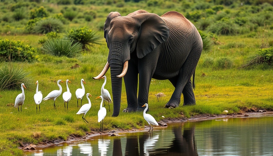 Elephant grazing near river with egrets on Green Season Safaris.