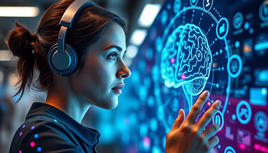 Woman interacting with AI digital brain interface in e-commerce training