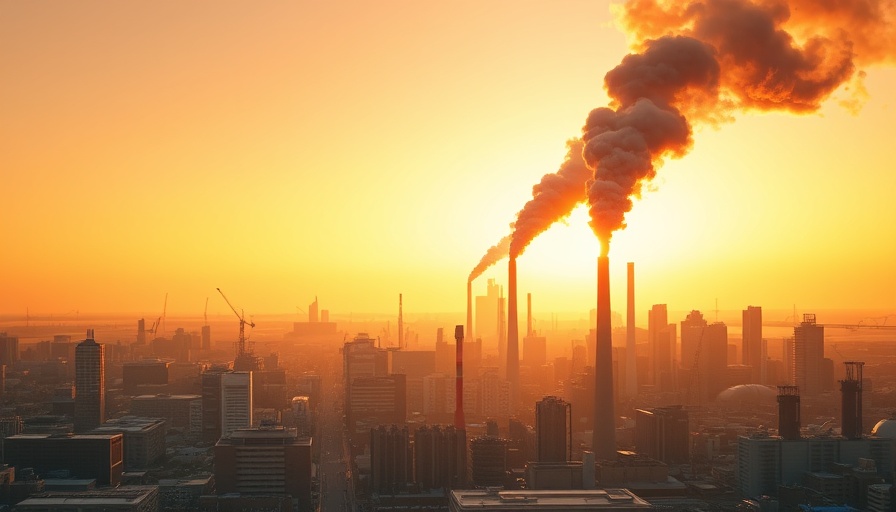 Urban skyline addressing climate change with industrial activity at sunrise.