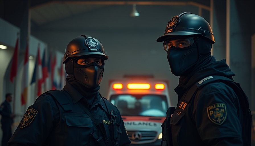 Solemn scene with masked guard near ambulance, related to transfer of deceased Israeli captives.