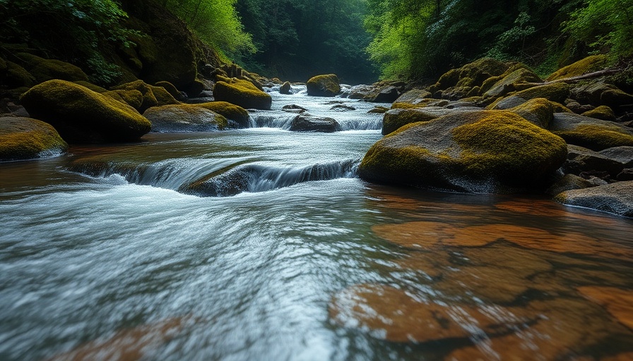Serene forest stream with clear water and lush mossy surroundings, Is this thing on?