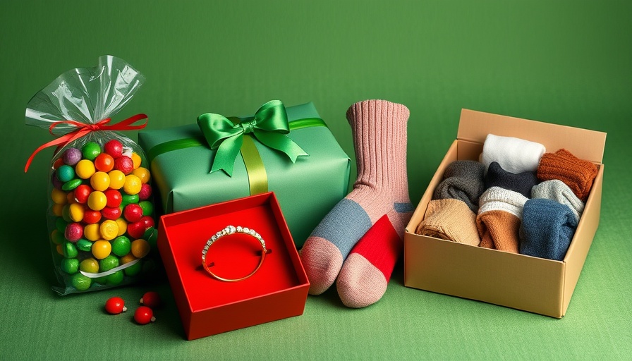 Stocking stuffers with candies, bracelet, and socks on textured background.