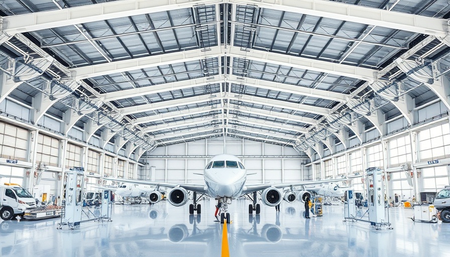 Duncan Aviation Embraer team working in spacious aircraft hangar.