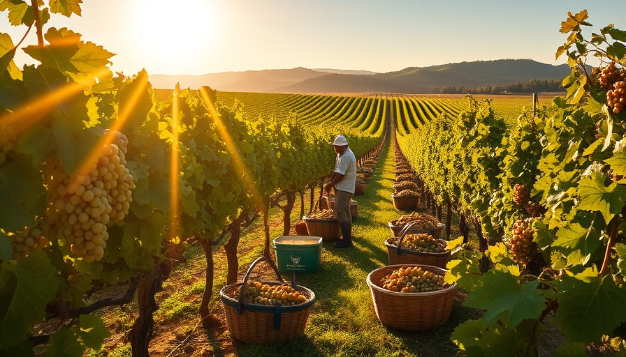 Vibrant South African vineyard with grape harvest in progress.