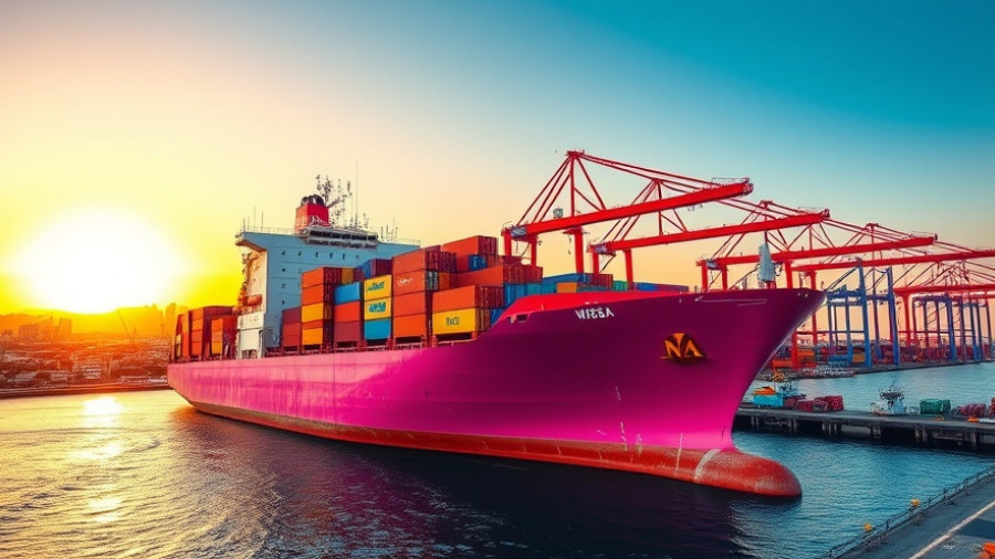 Sustainable shipping partnership: vibrant cargo ship in port at sunset.