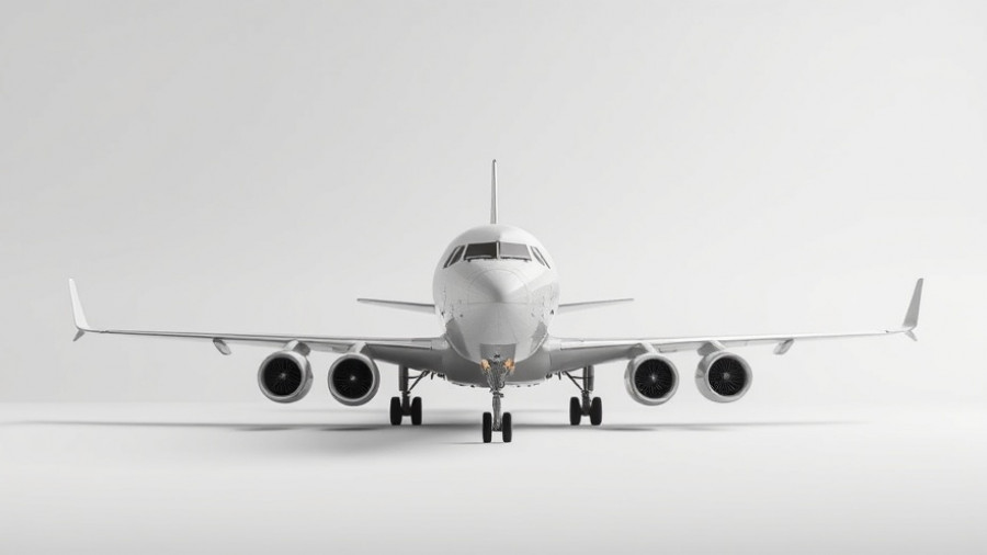 Sleek commercial airplane on white background, aviation supply chain disruptions concept.