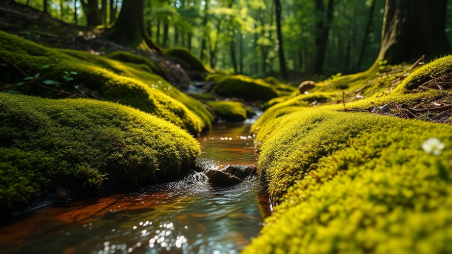 Accidental vertical footage of lush forest with small stream.