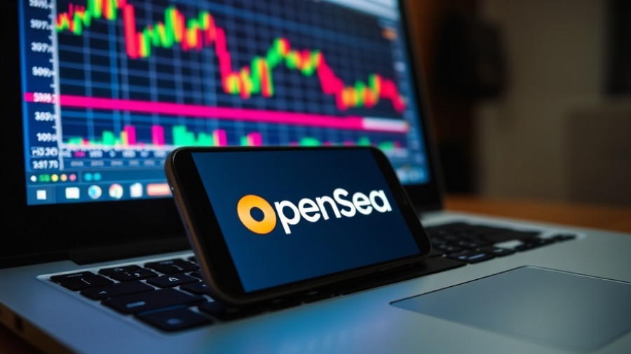 Crypto Trading Aggregator on smartphone with OpenSea logo, vibrant market screen behind.
