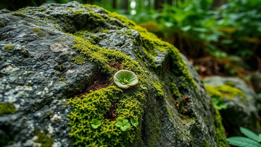Close-up of lichen and plants on forest rocks, showing ecosystem importance.