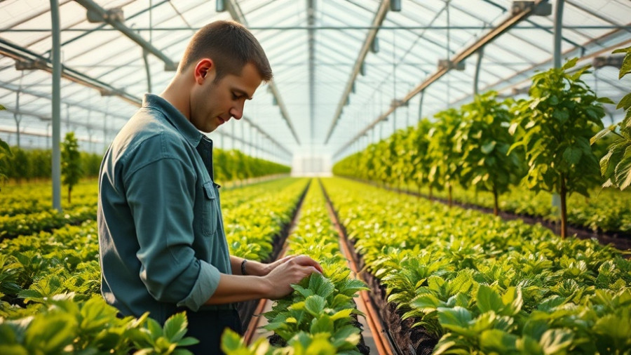 Sustainable Food Future in Africa: Worker in greenhouse tending crops.