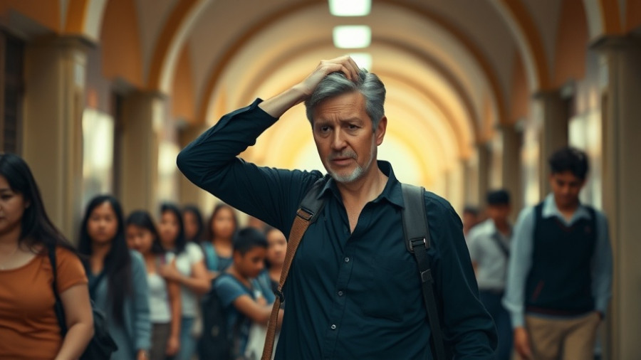 Teacher showing stress, walking in school corridor, blurred students.