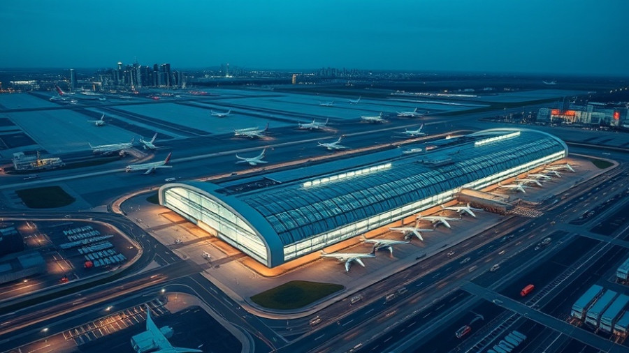 Aerial view of JFK Terminal 6 concessions area at dusk.