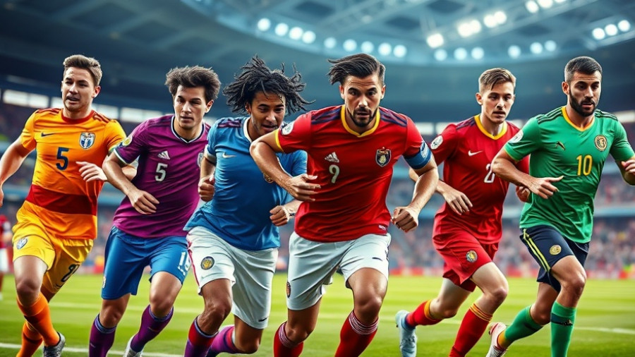 Famous soccer players from top teams in 2025 in dynamic action.