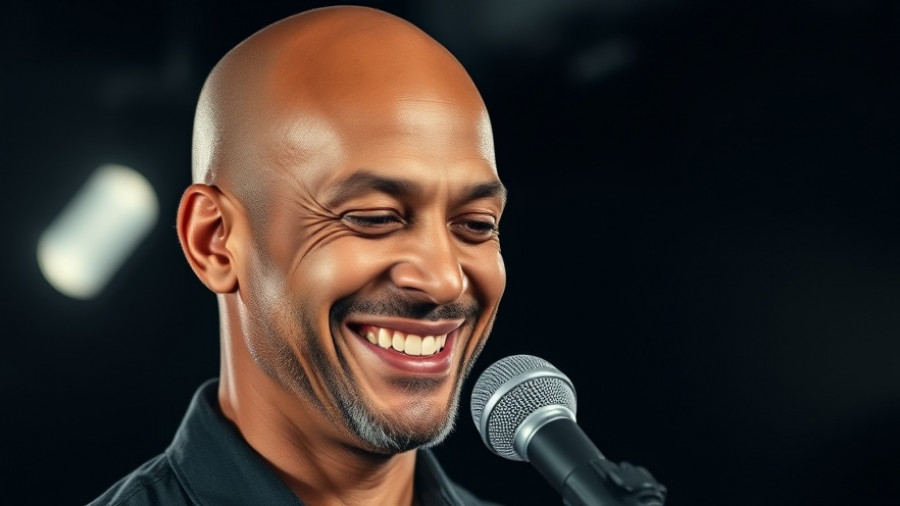Smiling man speaking into microphone, share wisely message, dimly lit.