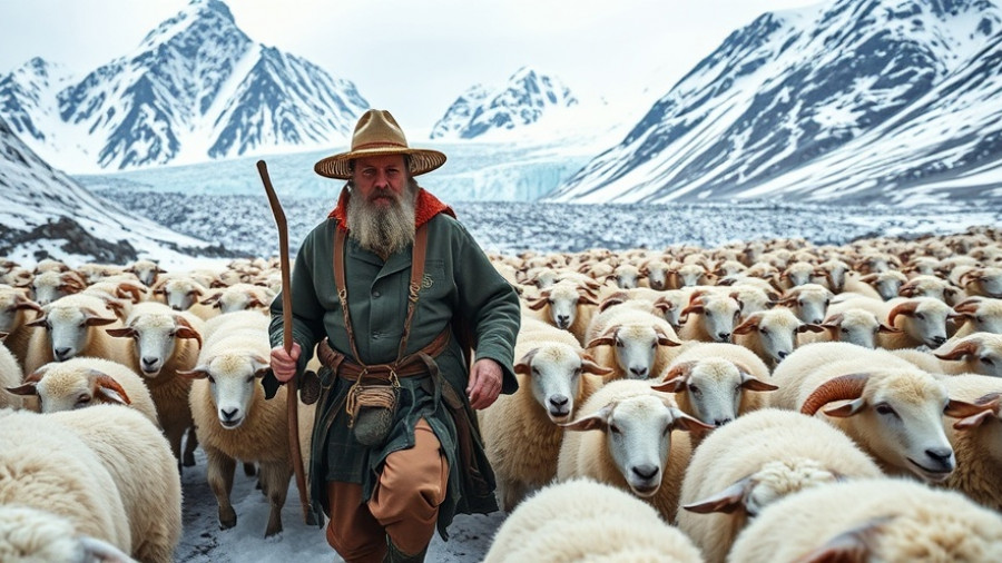 Shepherd guides sheep across glacier in South Tyrolean sheep drive.