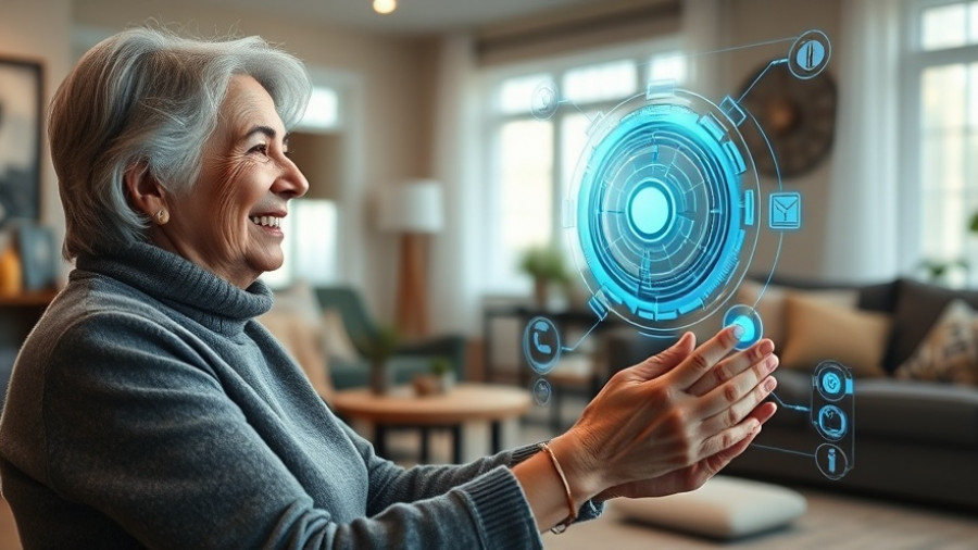 Senior woman engaging with AI bot for companionship at home.