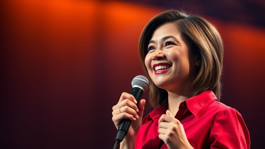 A woman speaking on stage with a smile, embodying happiness.