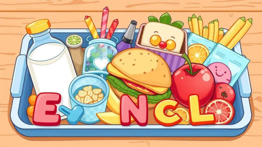 Bright cartoon school lunch items promoting nutrition engagement.