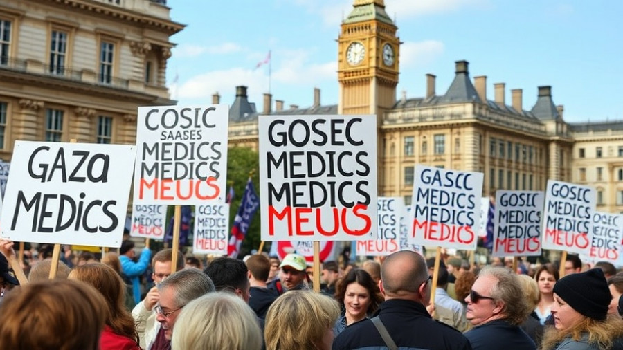 Protest for release of Palestinian health workers with UK landmarks in background.