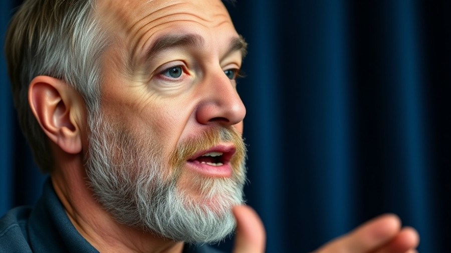 Middle-aged man highlighting the importance of free speech in society.