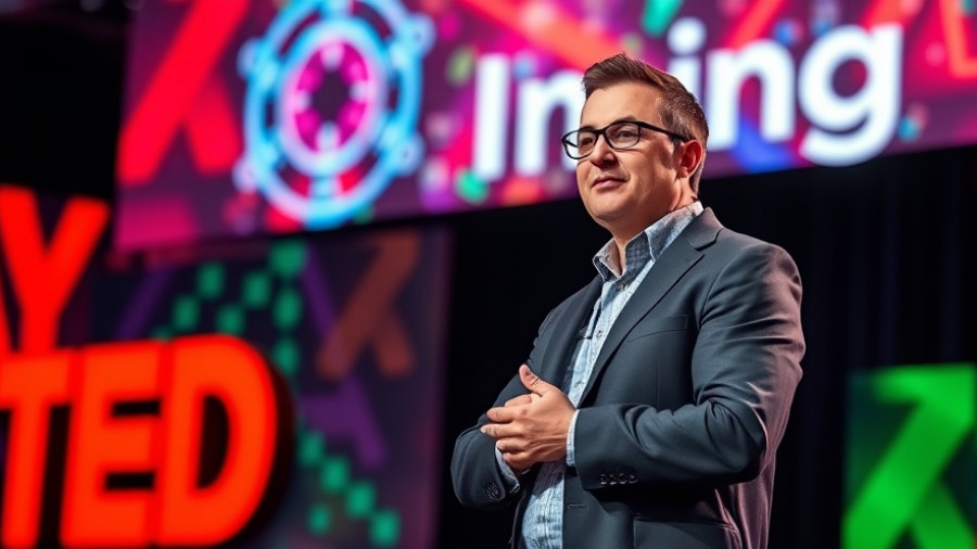 Speaker on AI in mining at TED, vibrant stage, emerging science of finding critical metals.