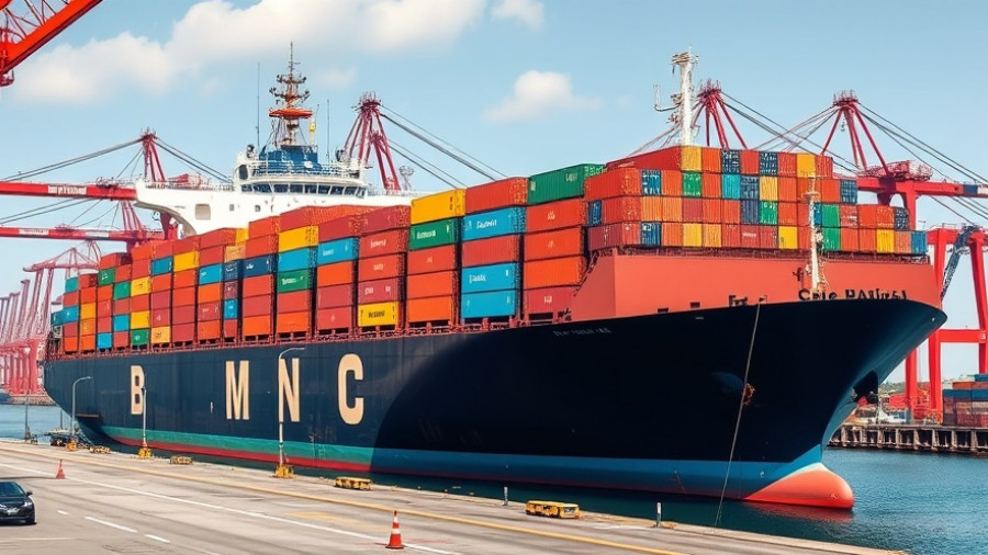 Suez Express Service cargo ship docked at busy port with cranes.