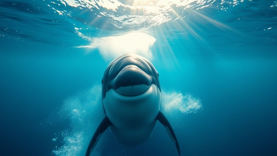 Killer whale underwater near boat, blue ocean scene.