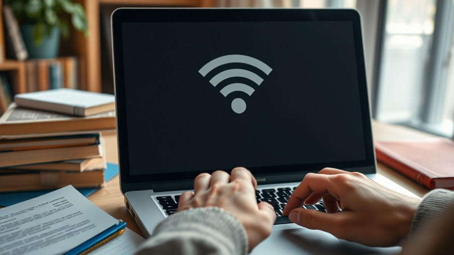 Laptop screen with Wi-Fi symbol, study materials around in a cozy setting