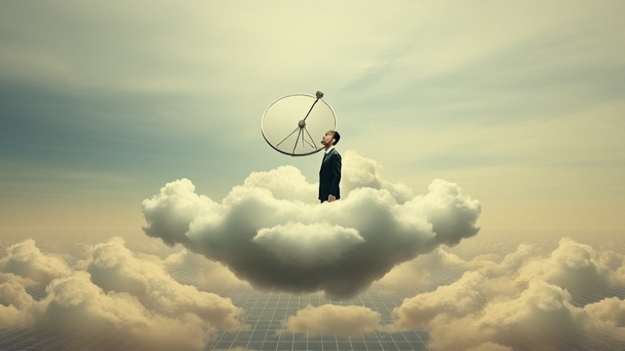 Artistic collage of a figure with a satellite dish head floating among clouds, representing DStv decoder prices.