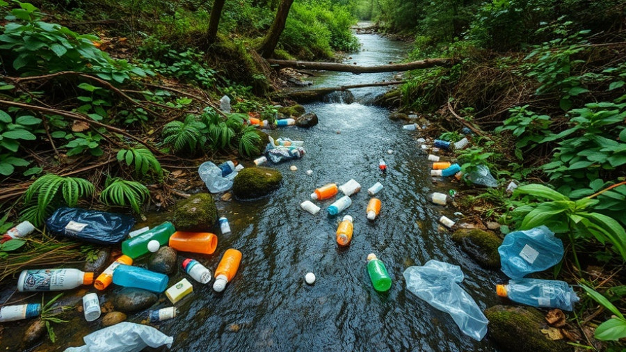 Plastic pollution crisis highlighted by waste in forest stream.