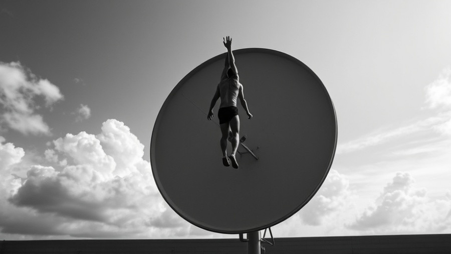 Surreal collage of a person and satellite dish, exploring tech themes.