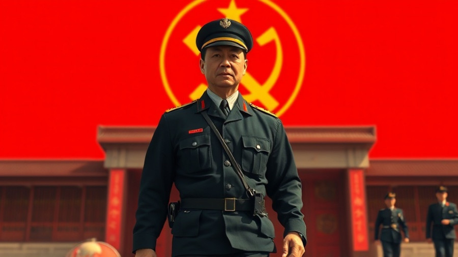 China's focus on AI technology depicted by a police officer near communist symbol.