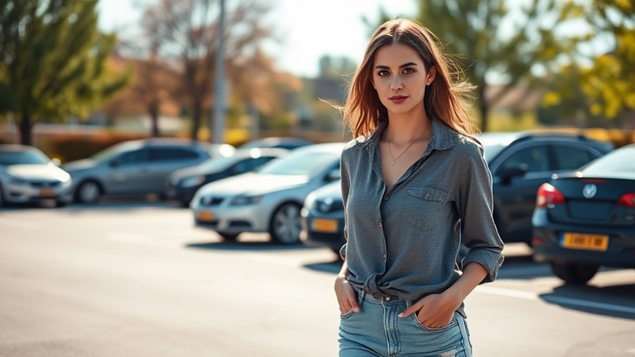 Confident woman walks in sunlit parking lot with parked cars.